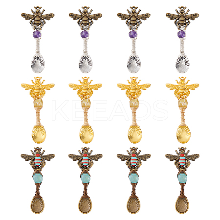 12Pcs 3 Colors Alloy Coffee Tea Spoon & Bee Pendants PALLOY-GA00013-1