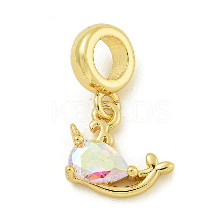 Rack Plating Brass Pave Clear AB Cubic Zirconia Whale European Dangle Charms KK-Z067-41G-1