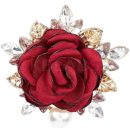 Cloth Rose with Crystal Rhinestone Brooch Pin JEWB-WH0028-12LG-1