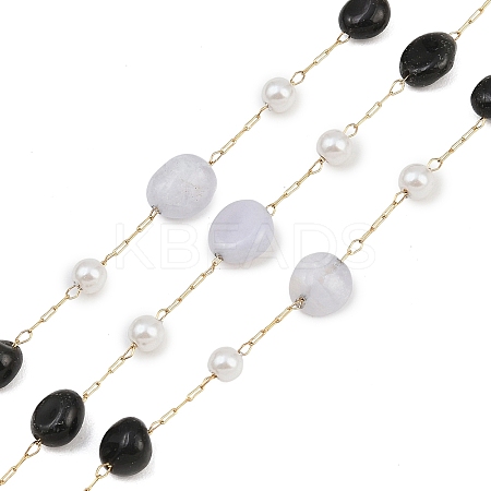 Natural Blue Lace Agate & Black Onyx(Dyed & Heated) Nuggets & 316 Stainless Steel Handmade Link Chains CHS-K021-14G-01-1