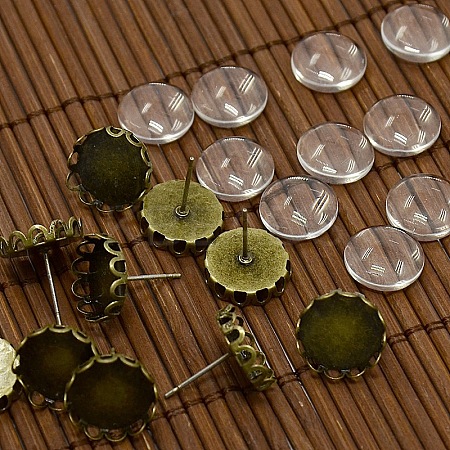 12x5~6mm Dome Transparent Glass Cabochons and Antique Bronze Brass Ear Stud Findings for DIY Stud Earrings DIY-X0180-AB-NF-1