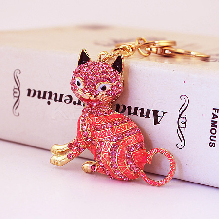 Fashion Rhinestones Enamel Sitting Cat Pendant Keychain ANIM-PW0001-022A-1