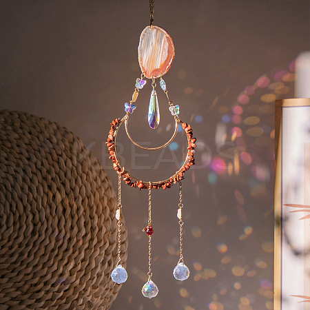 Moon Metal & Natural Red Jasper Chip Pendant Decorations AJEW-Q143-08-1