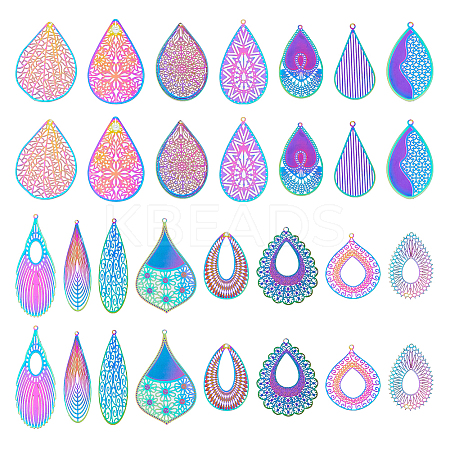 30Pcs 15 Style Ion Plating(IP) 201 & 304 Stainless Steel Filigree Pendants STAS-DC0015-58-1