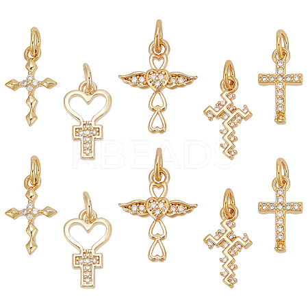10Pcs 5 Styles Real 18K Gold Plated Brass Micro Pave Cubic Zirconia Pendants KK-PH0006-48-1
