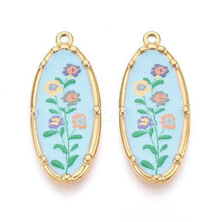 Printed Style 304 Stainless Steel Oval with Flower Pattern Pendants STAS-T071-27B-G-1