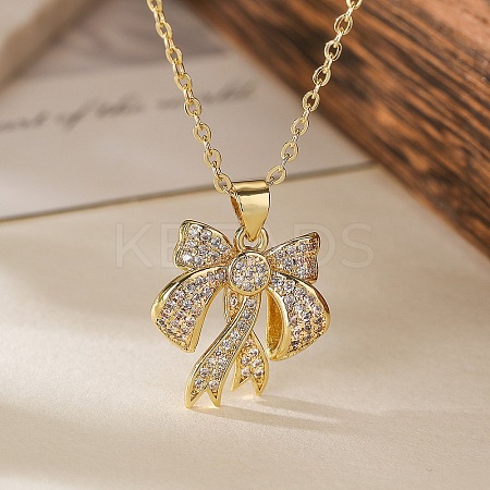Brass Micro Pave Clear Cubic Zirconia Cable Chain Bowknot Pendant Necklaces for Women NJEW-C054-02B-G-1