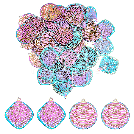 60Pcs 2 Style 201 Stainless Steel Filigree Pendants STAS-DC0008-56-1