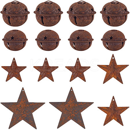 50Pcs 5 Styles Rust Iron Bell with Star Pendants IFIN-CN0001-02-1