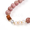 Round Natural Fresh Water Pearl & Red Agate Rhodonite & Quartz Crystal Beaded  Wrap Bracelets for Men Women BJEW-T022-07-5