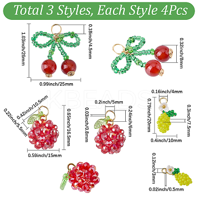 12Pcs 3 Styles Glass Seed Beaded Pendants GLAA-SC0003-1