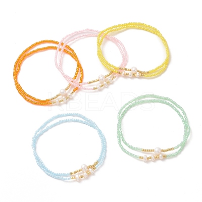 2Pcs 2 Style Glass Seed & Natural Pearl Beaded Stretch Bracelets Set for Women BJEW-JB09356-1