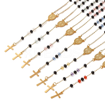 201 Stainless Steel & Glass Rosary Bead Necklaces for Women NJEW-B112-01G-1
