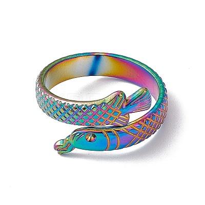 Ion Plating(IP) 304 Stainless Steel Ring Arowana Fish Wrap Open Cuff Ring for Women RJEW-C045-21M-1