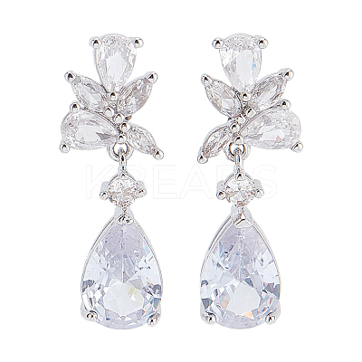 1 Pair Brass Clear Cubic Zirconia Teardrop Dangle Stud Earrings EJEW-LP0001-76-1