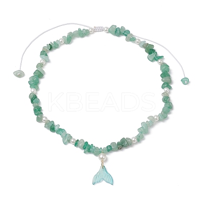 Natural Green Aventurine Chip & Imitaton Round Pearl Beaded Adjustable Necklaces NJEW-JN05227-03-1