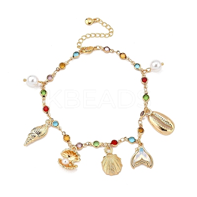 Bohemian Brass Glass Flat Round Link Chain Anklets LS-AJEW-Z046-09G-1