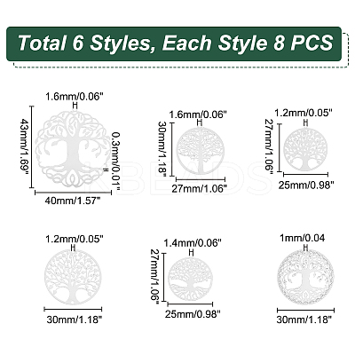 48Pcs 6 Style 201 Stainless Steel Filigree Pendants STAS-UN0042-04-1