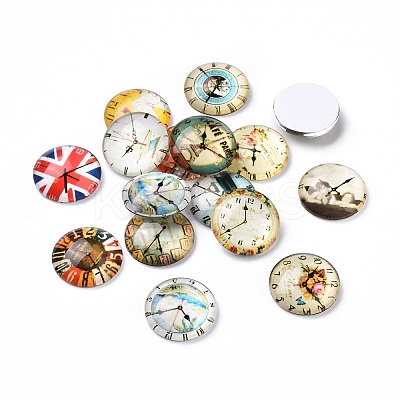 Clock Printed Glass Cabochons GGLA-A002-20mm-YY-1