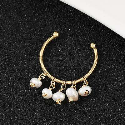 Brass Natural Freshwater Pearl Adjustable Open Cuff Rings for Women RJEW-U064-01G-1