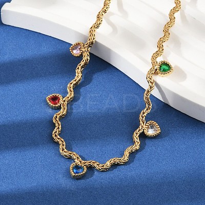 304 Stainless Steel Rope Chain Colorful Cubic Zirconia Tassel Necklaces for Women NJEW-V015-01G-A-1