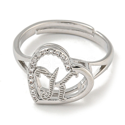 Heart with Letter Rack Plating Brass Micro Pave Cubic Zirconia Adjustable Rings for Women RJEW-I105-06P-K-1