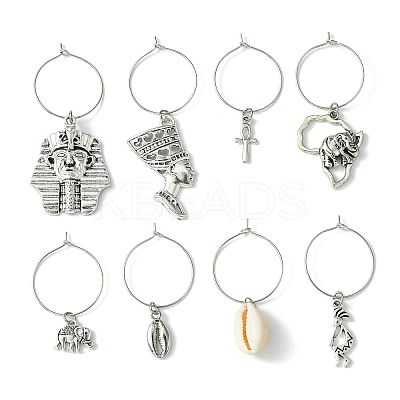 8 Pcs Tibetan Style Alloy & Cowrie Shell Wine Glass Charm AJEW-JO00247-1