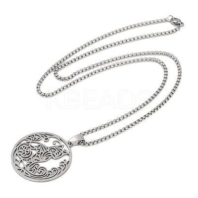 Ring with Cat Shape Pattern 201 Stainless Steel Pendant Necklaces for Men Women NJEW-K283-13P-1