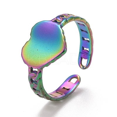 Rainbow Color Ion Plating(IP) 304 Stainless Steel Heart Open Cuff Ring for Women RJEW-A005-05-1