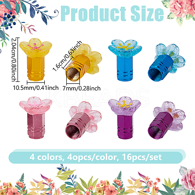 16Pcs 4 Colors Resin Flower & Aluminium Alloy Tire Valve Stem Caps HJEW-NB00308-1