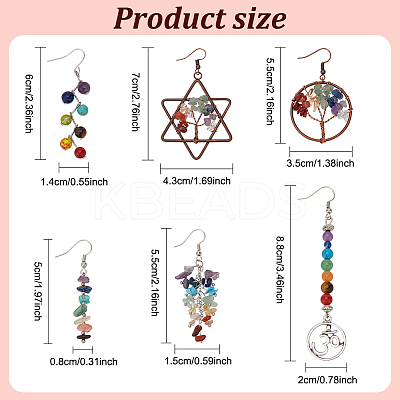 6 Pairs 6 Style Natural Mixed Gemstone Tree of Life Dangle Earrings EJEW-AN0003-18-1