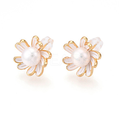 Flower Brass Natural Pearl Stud Earrings PEAR-N020-06X-1