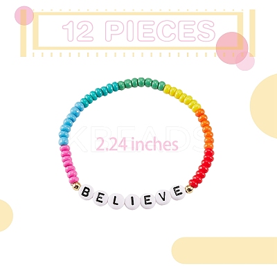 12Pcs Inspiration Word Glass Seed Stretch Bracelets Set with Heart BJEW-SZ0001-20-1