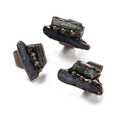 Irregular Rectangle Natural Tourmaline & Kyanite/Cyanite/Disthene Open Cuff Rings RJEW-M157-07R-1