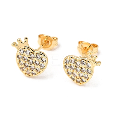 Heart Brass Micro Pave Clear Cubic Zirconia Stud Earrings EJEW-A135-11G-1
