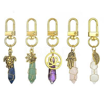 5Pcs 5 Style Copper Wire Wrapped Gemstone Bullet Pendant Decorations HJEW-JM01238-G-1
