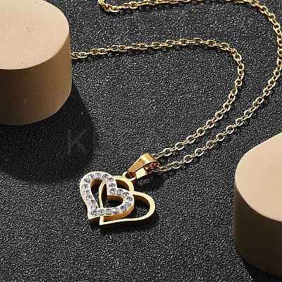 304 Stainless Steel Crystal Rhinestone Heart Pendant Cable Chain Necklaces for Women LS-NJEW-Z056-01B-G-1