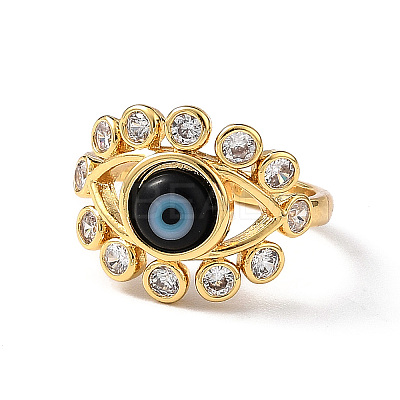Lampwork Evil Eye Open Cuff Ring with Clear Cubic Zirconia RJEW-L104-03G-03-1