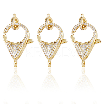 3Pcs Brass Micro Pave Clear Cubic Zirconia Lobster Claw Clasp ZIRC-HS0001-21-1