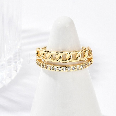 Curb Chain Style Brass Micro Pave Clear Cubic Zirconia Open Cuff Rings for Women RJEW-G343-07G-1