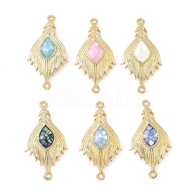 Brass Pave Shell Feather Connector Charms KK-I357-03G-1