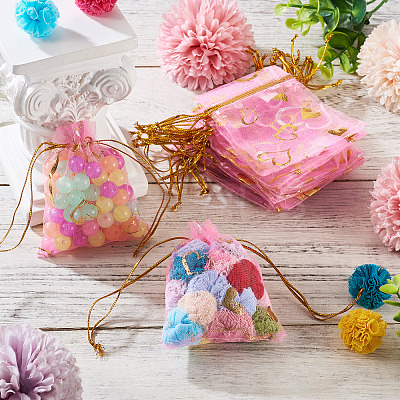 50Pcs Heart Printed Organza Bags OP-TADJ0001-01B-1
