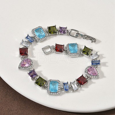 Brass Micro Pave Colorful Cubic Zirconia Rectangle & Square & Teardrop Link Chain Bracelets for Women BJEW-G764-07P-1
