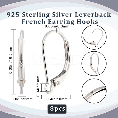 4 Pairs 925 Sterling Silver Leverback Hoop Earrings Findings STER-BBC0001-82-1