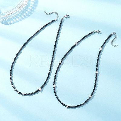2Pcs 2 Styles Brass Moon Star and Faceted Round Natural Black Spinel Beaded Necklaces for Women NJEW-JN05657-1