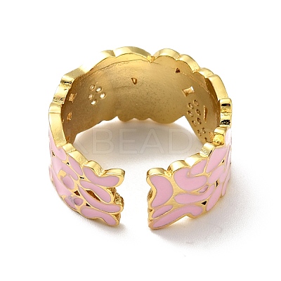 Enamel Butterfly and Heart Open Cuff Ring with Clear Cubic Zirconia RJEW-G254-02G-1