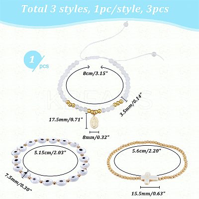 3Pcs 3 Style Rosary Bracelets Set with Virgin Mary Charm BJEW-AR0001-04-1
