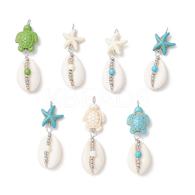 7Pcs 7 Styles Natural Cowrie Shell & Starfish Turtle Dyed Synthetic Turquoise Pendants PALLOY-JF03935-02-1