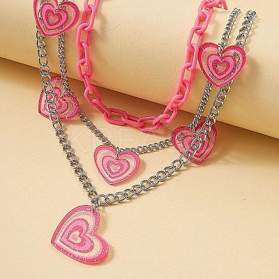 Acrylic Pink Glitter Heart Pendant 304 Stainless Steel Chain 3 Layer Necklaces for Women FS-WG9B734-01-1