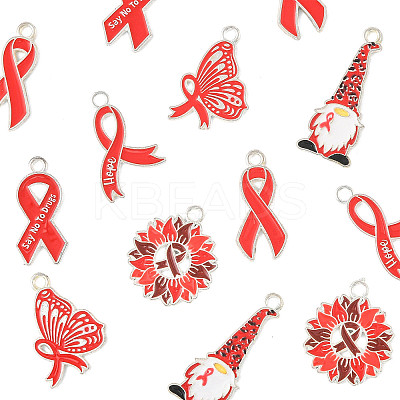 14Pcs 6 Styles No To Drugs Red Awareness Ribbon Theme Alloy Enamel Pendants ENAM-FS0003-47-1